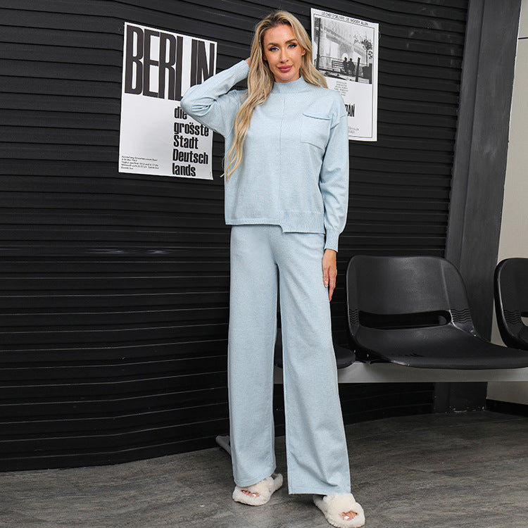 Damen gemütliches Strick-Loungewear-Set mit hohem Kragen und weitem Schnitt Heidi-Mode
