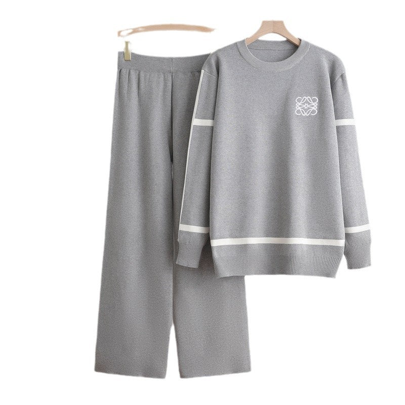Damen modisches Freizeit-Loungewear-Set mit breiten Beinen und dezentem Logo Heidi-Mode