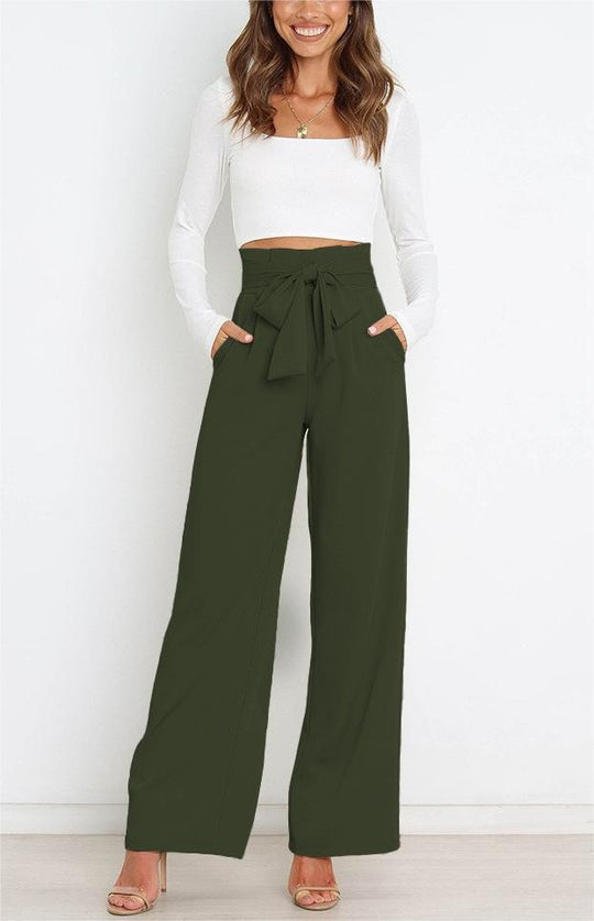 Damen Weit geschnittene High-Waist-Hose mit Binde-Gürtel und Taschen Heidi-Mode