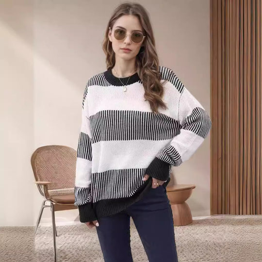 Damen gestreifter Strickpullover mit weitem Schnitt Heidi-Mode