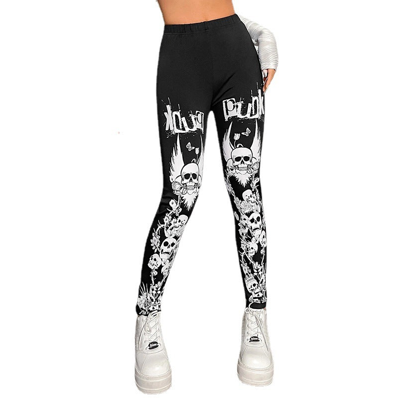 Damen Leggings mit auffälligem Totenkopf- und floralem Design Heidi-Mode