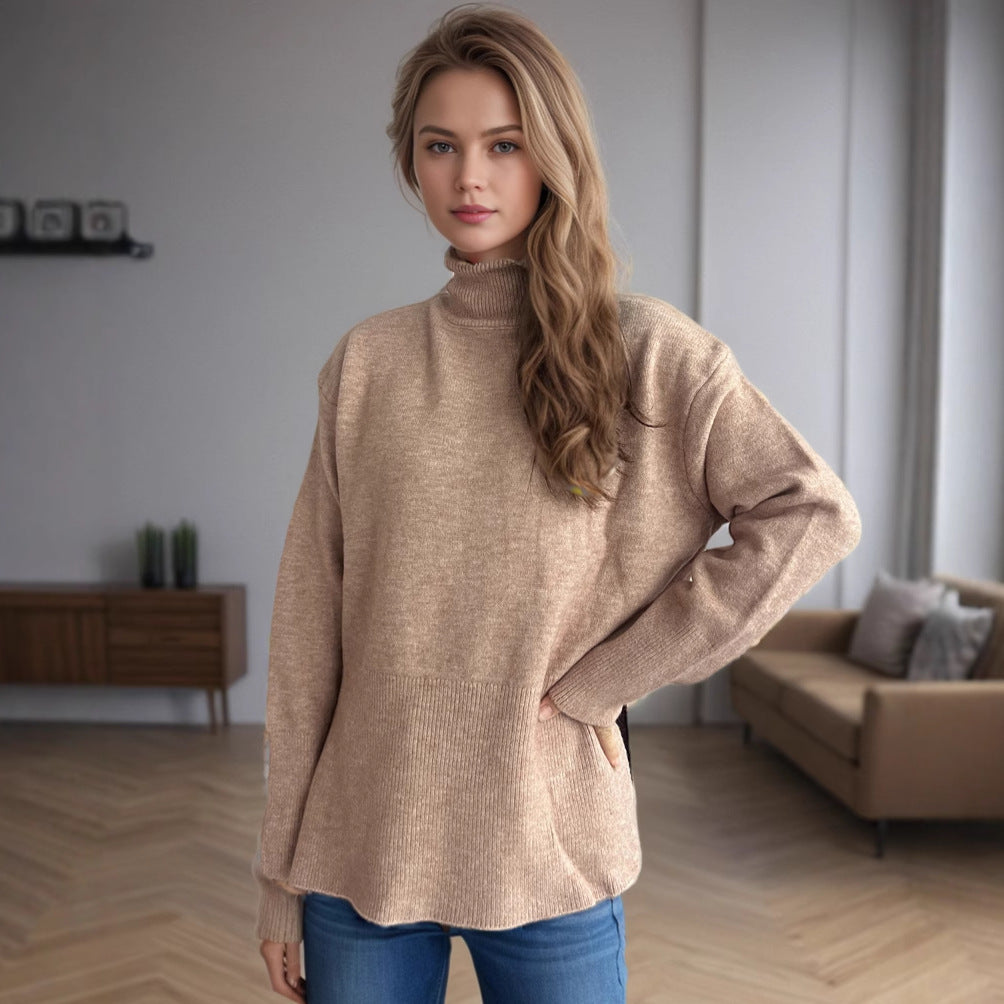 Damen Pullover mit hohem Kragen und asymmetrischem Saum Heidi-Mode
