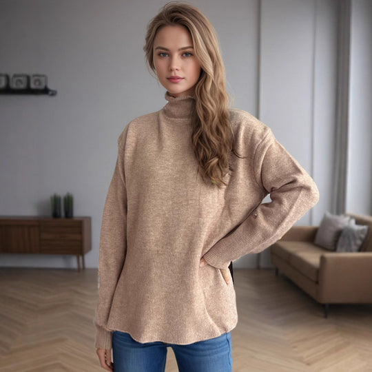 Damen Pullover mit hohem Kragen und asymmetrischem Saum Heidi-Mode