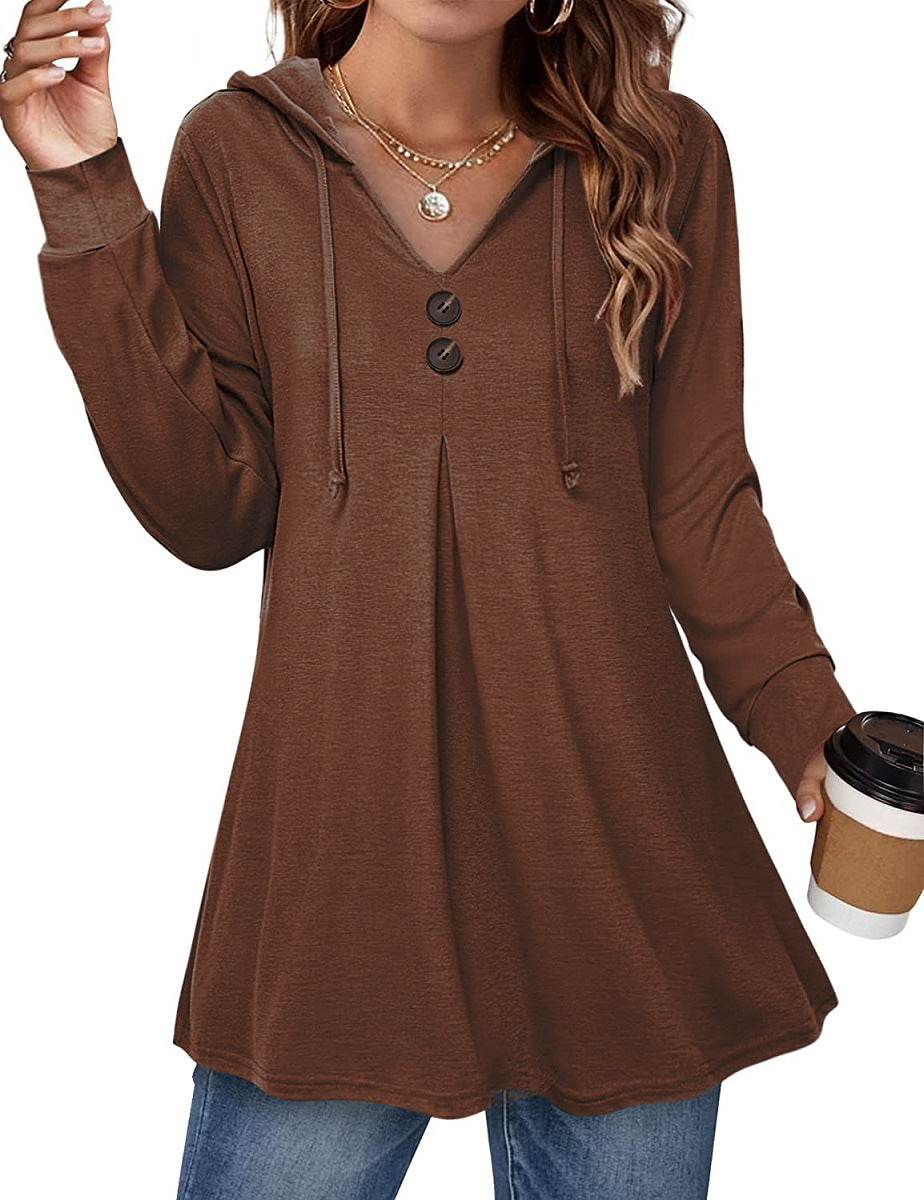 Damen Kapuzenpullover mit V-Ausschnitt und dekorativen Knöpfen Heidi-Mode