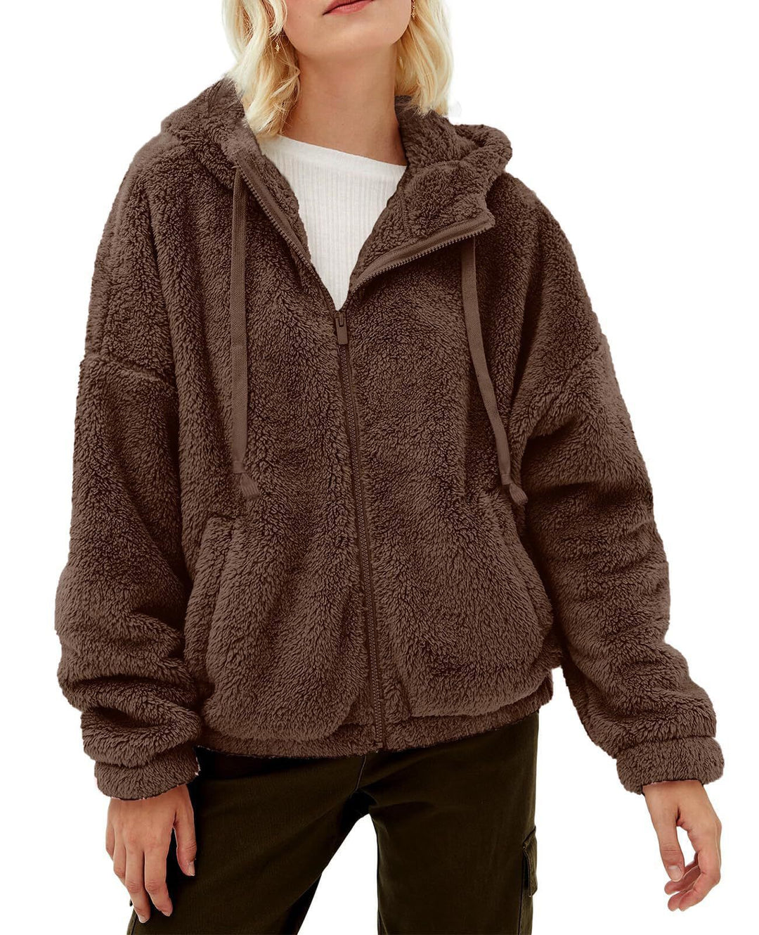 Damen Flauschige Plüschjacke mit Kapuze und Frontreißverschluss Heidi-Mode