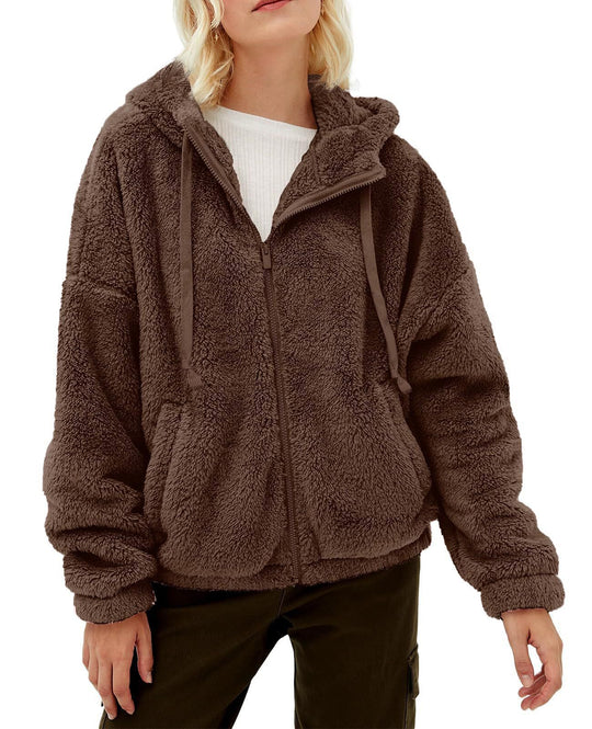 Damen Flauschige Plüschjacke mit Kapuze und Frontreißverschluss Heidi-Mode