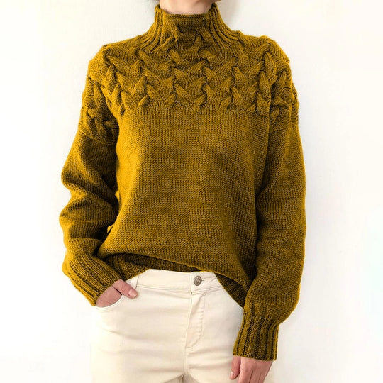 Damen Strickpullover mit hochgeschlossenem Kragen und trendigem Zopfmuster Heidi-Mode