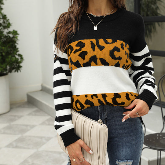 Damen modischer Pullover mit auffälligem Leopardenmuster und gestreiften Ärmeln Heidi-Mode