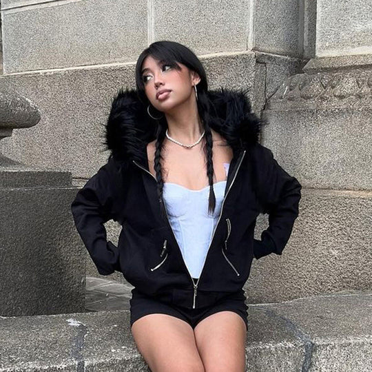 Damen warme Sweatjacke mit abnehmbarem Kunstfellkragen Heidi-Mode