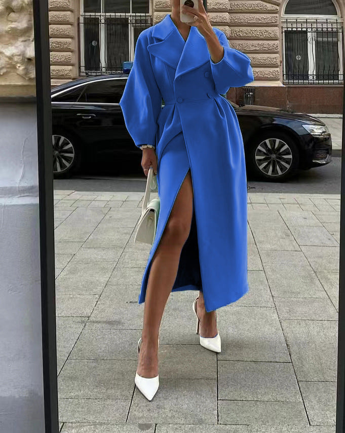 Damen eleganter Trenchcoat mit hohem Schlitz und Puffärmeln Heidi-Mode