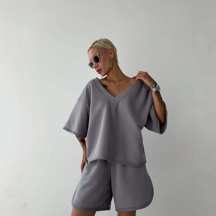 Damen lässiges Sport-Set mit V-Ausschnitt und weitem Schnitt Heidi-Mode