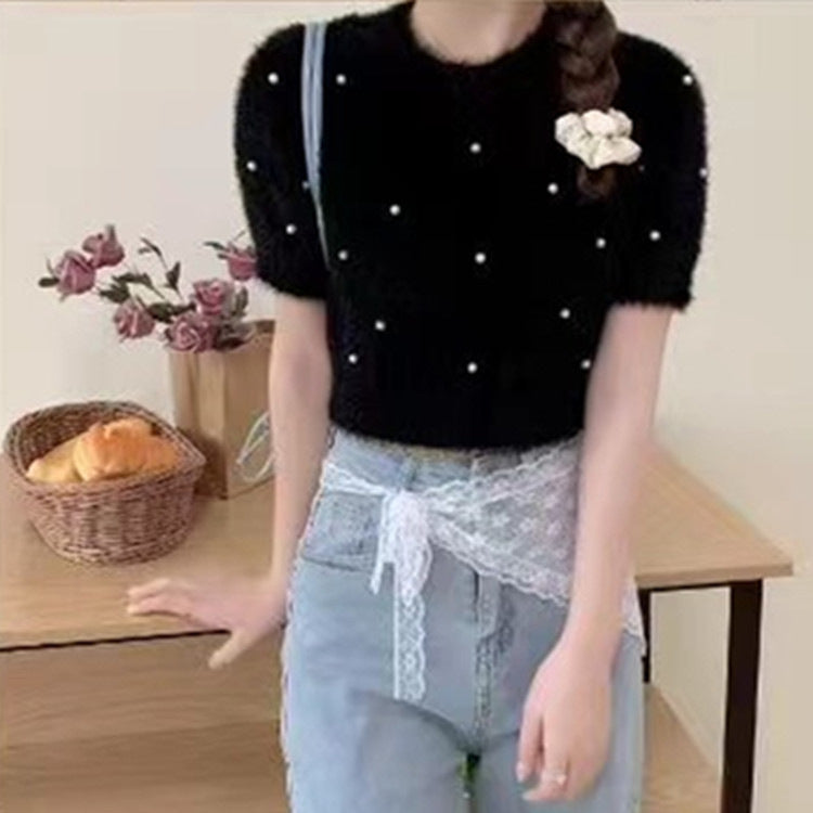 Damen cropped Pullover mit zarten Perlen Heidi-Mode