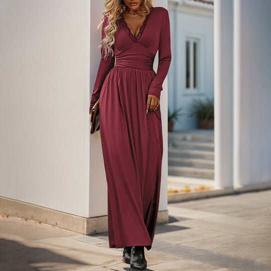 Damen Maxikleid mit tiefem V-Ausschnitt und eleganter Raffung Heidi-Mode