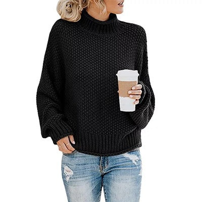 Damen Grobstrick Pullover mit Stehkragen und voluminösen Ärmeln Heidi-Mode