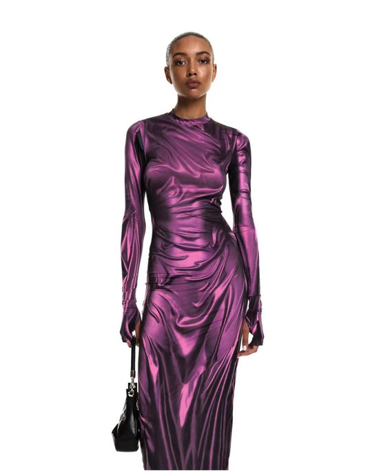 Damen Elegantes Langarmkleid aus glänzendem Stoff Heidi-Mode