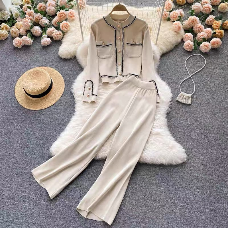 Damen elegantes Strick-Loungewear-Set mit feinen Knopfdetails und weitem Bein Heidi-Mode