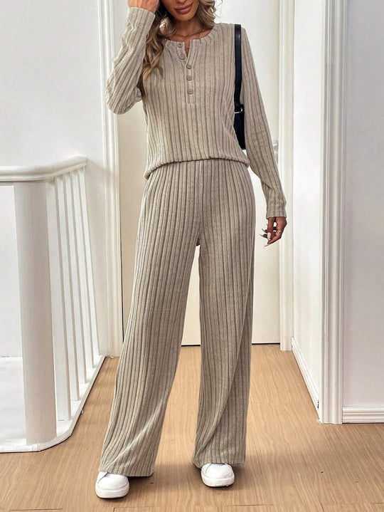 Damen Lässiges Lounge-Set mit strukturiertem Rippenmuster und Knopfdetail Heidi-Mode