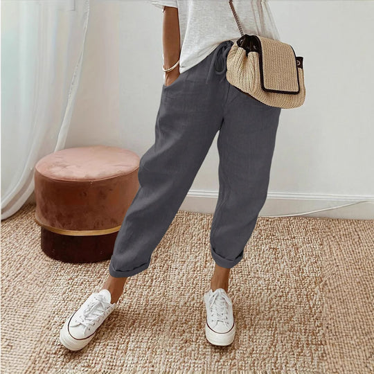 Damen Lässige Leinen-Hose mit elastischem Bund und praktischen Taschen Heidi-Mode
