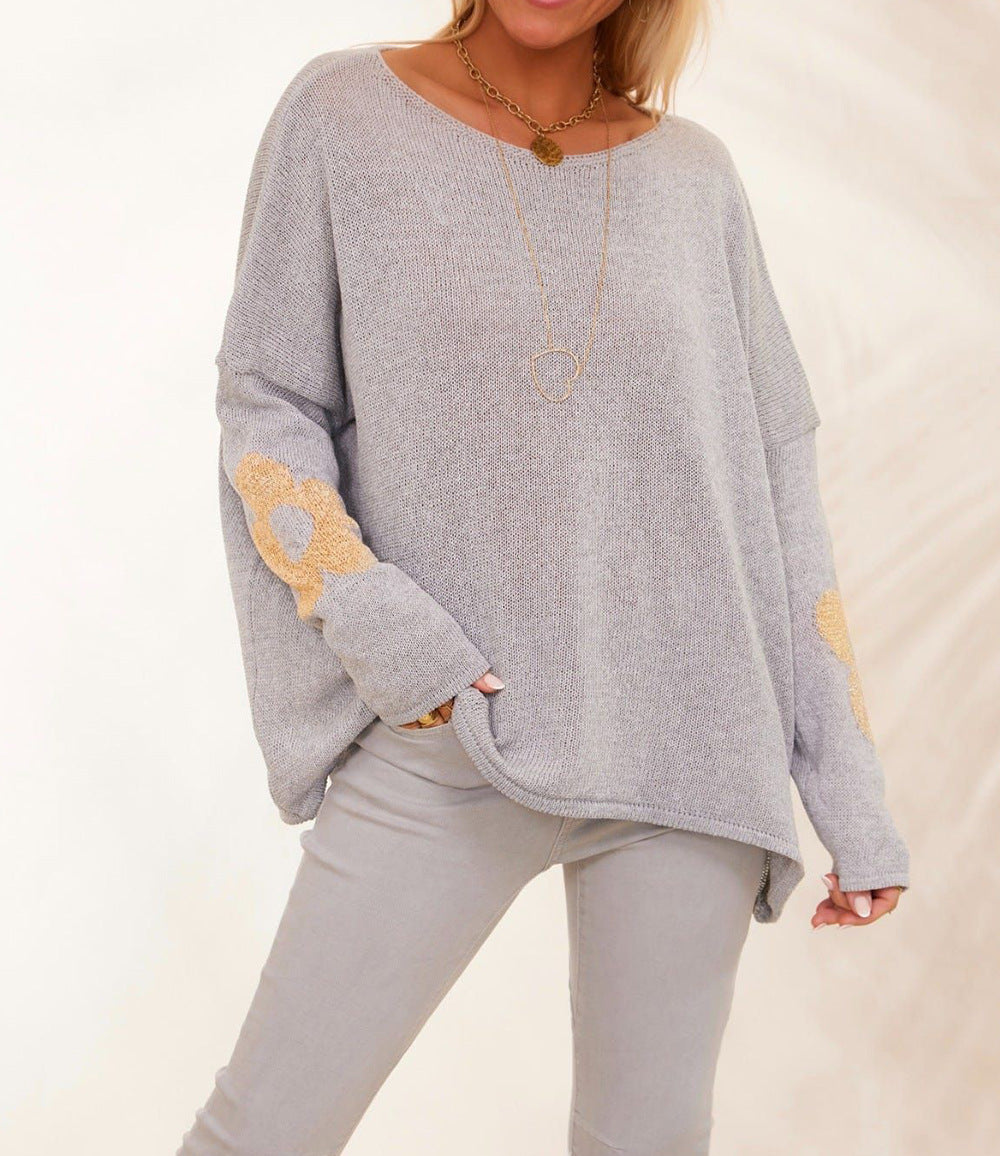 Damen grob gestrickter Pullover mit floralem Design und weitem Schnitt Heidi-Mode