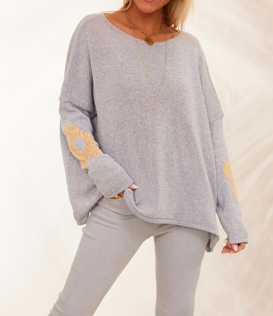 Damen grob gestrickter Pullover mit floralem Design und weitem Schnitt Heidi-Mode