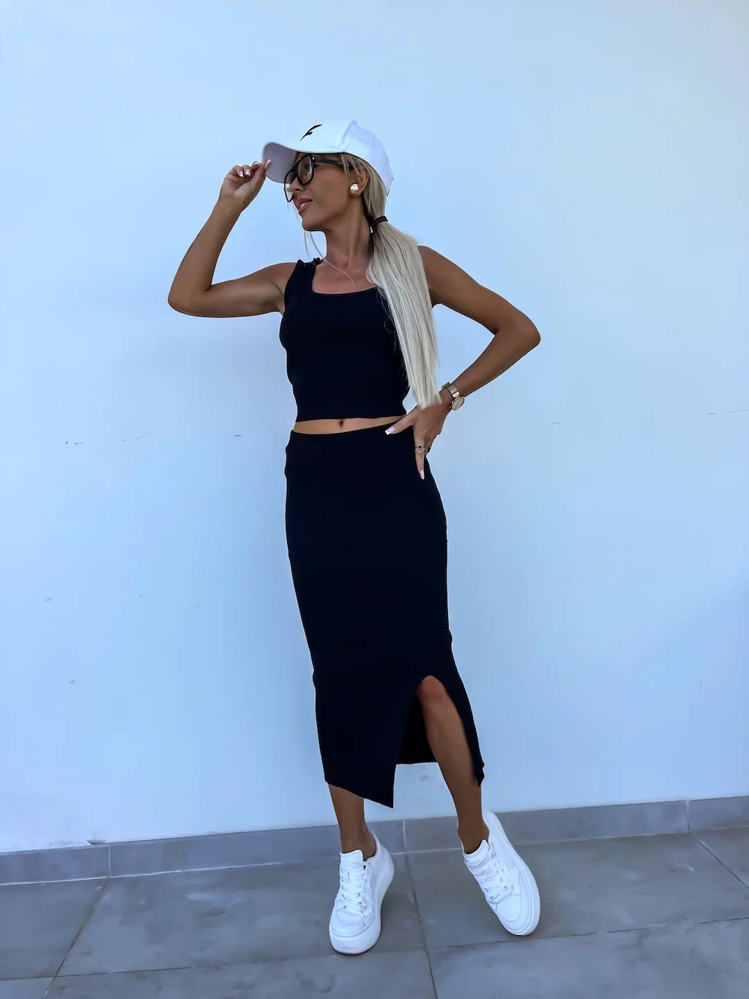 Damen modisches Strick-Set mit Crop-Top und Schlitzrock Heidi-Mode