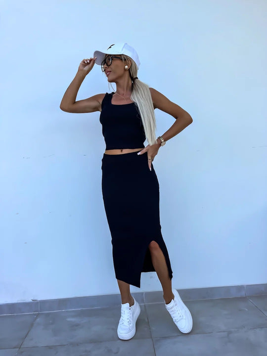 Damen modisches Strick-Set mit Crop-Top und Schlitzrock Heidi-Mode