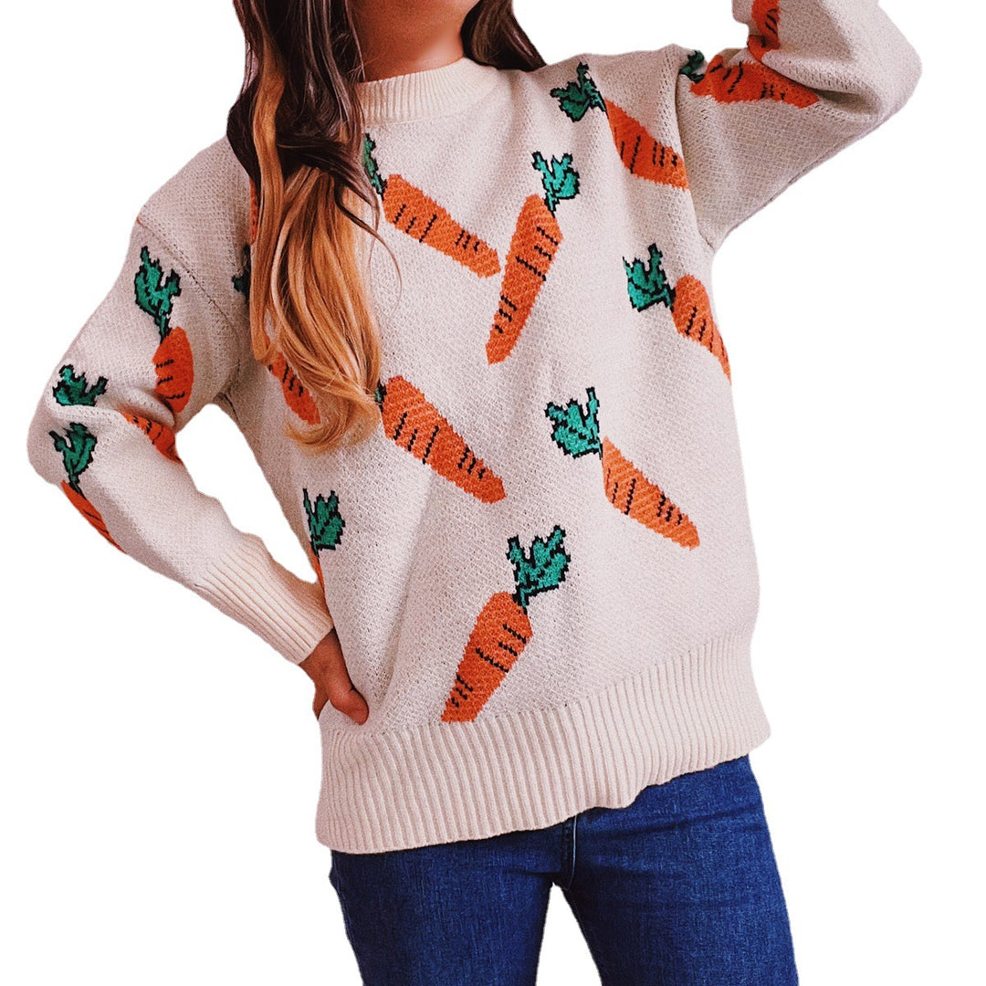 Damen lässiger Pullover mit buntem Karottenmotiv Heidi-Mode
