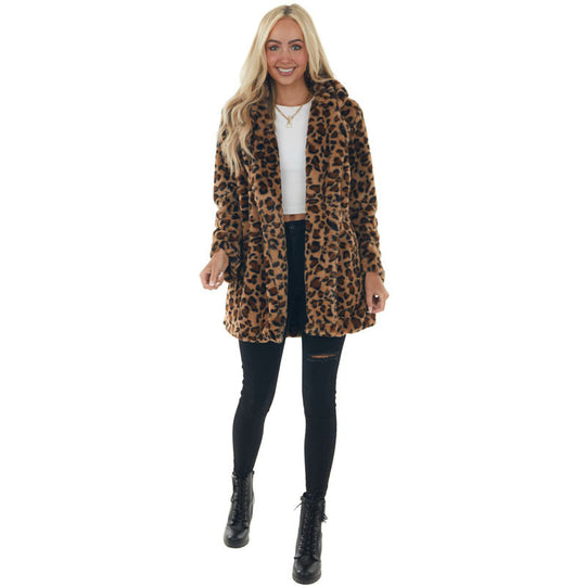 Damen Gemütliche Leopard-Fleecejacke mit offenem Kragen Heidi-Mode
