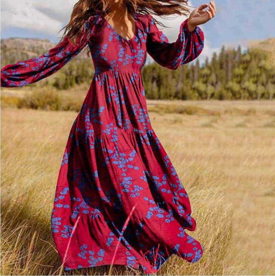 Damen Boho-Langarmkleid mit floralen Akzenten und schwingendem Saum Heidi-Mode