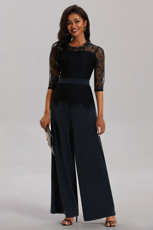 Damen Eleganter Jumpsuit mit Spitzenärmeln und weitem Bein Heidi-Mode