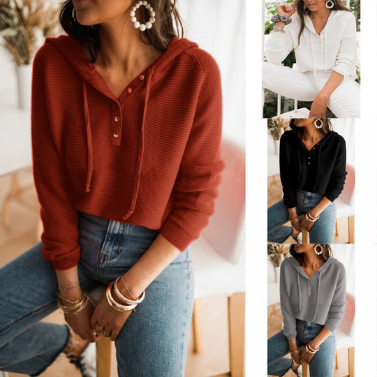 Damen Kapuzenpullover mit strukturiertem Stoff und modischen Knopfdetails Heidi-Mode