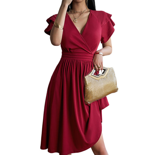 Heidi-Mode | V-Ausschnitt Einfarbig Kurzarmkleid Für Frauen