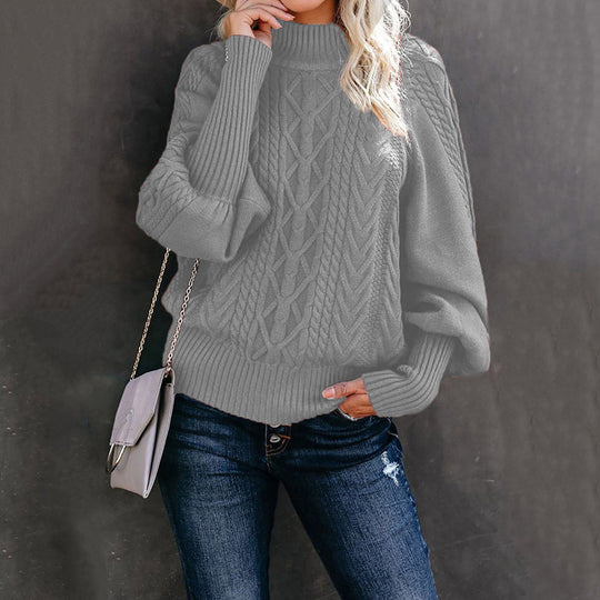 Damen Grobstrickpullover mit hohen Kragen und voluminösen Ärmeln Heidi-Mode