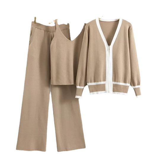 Damen lässiges Strick-Loungewear-Set mit hochwertigem Zip-Cardigan und Weitbein-Hosen Heidi-Mode
