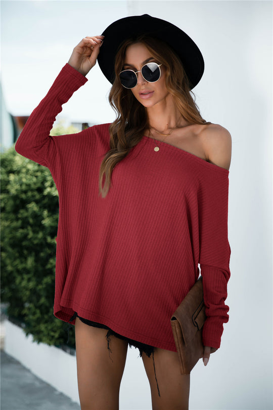 Damen Off-Shoulder Pullover mit langem Arm und strukturiertem Stoff Heidi-Mode
