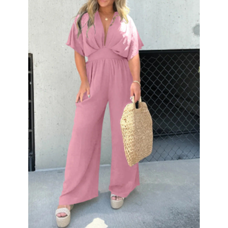 Damen eleganter Overall mit weitem Bein und tiefem V-Ausschnitt Heidi-Mode