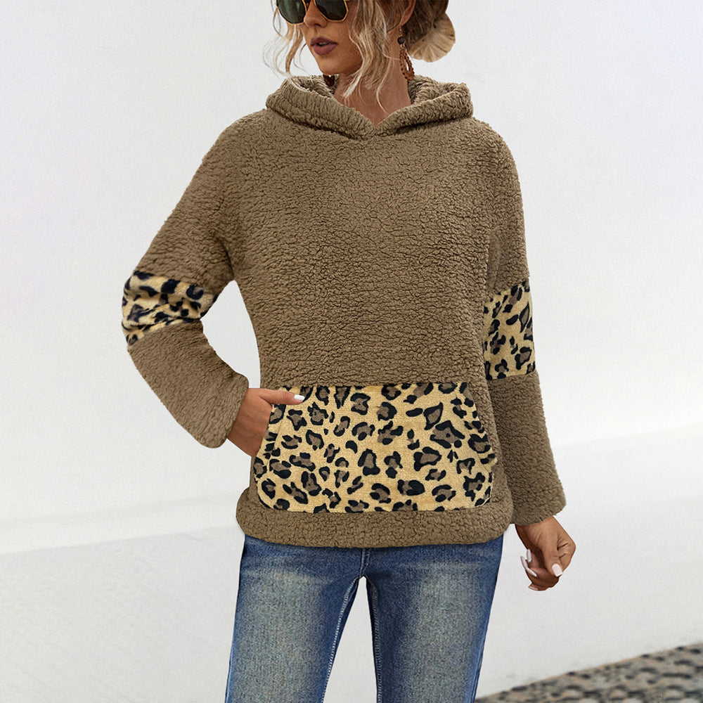 Damen Hoodie mit kuscheligem Fell-Design und Leoparden-Elementen Heidi-Mode