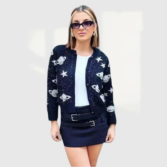 Damen modische Strickjacke mit auffälligem Sternen- und Planetenmotiv Heidi-Mode