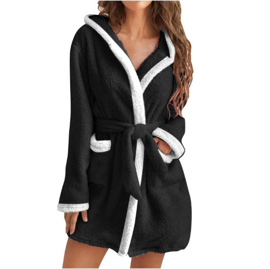 Damen kuscheliger Fleece-Bademantel mit Kapuze und Taschen Heidi-Mode