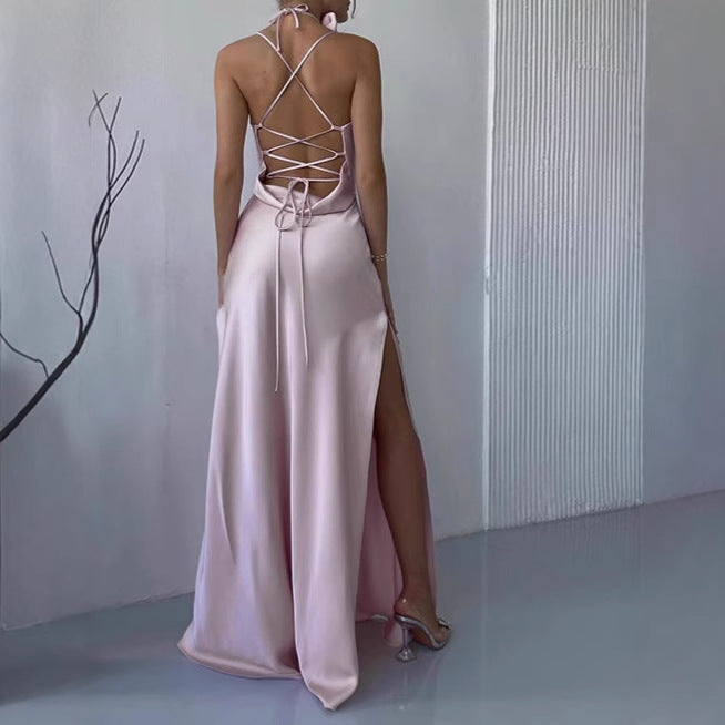 Damen Elegantes Bodenkotan Maxi-Kleid mit schmalen Spaghetti-Trägern und tiefem Ausschnitt Heidi-Mode