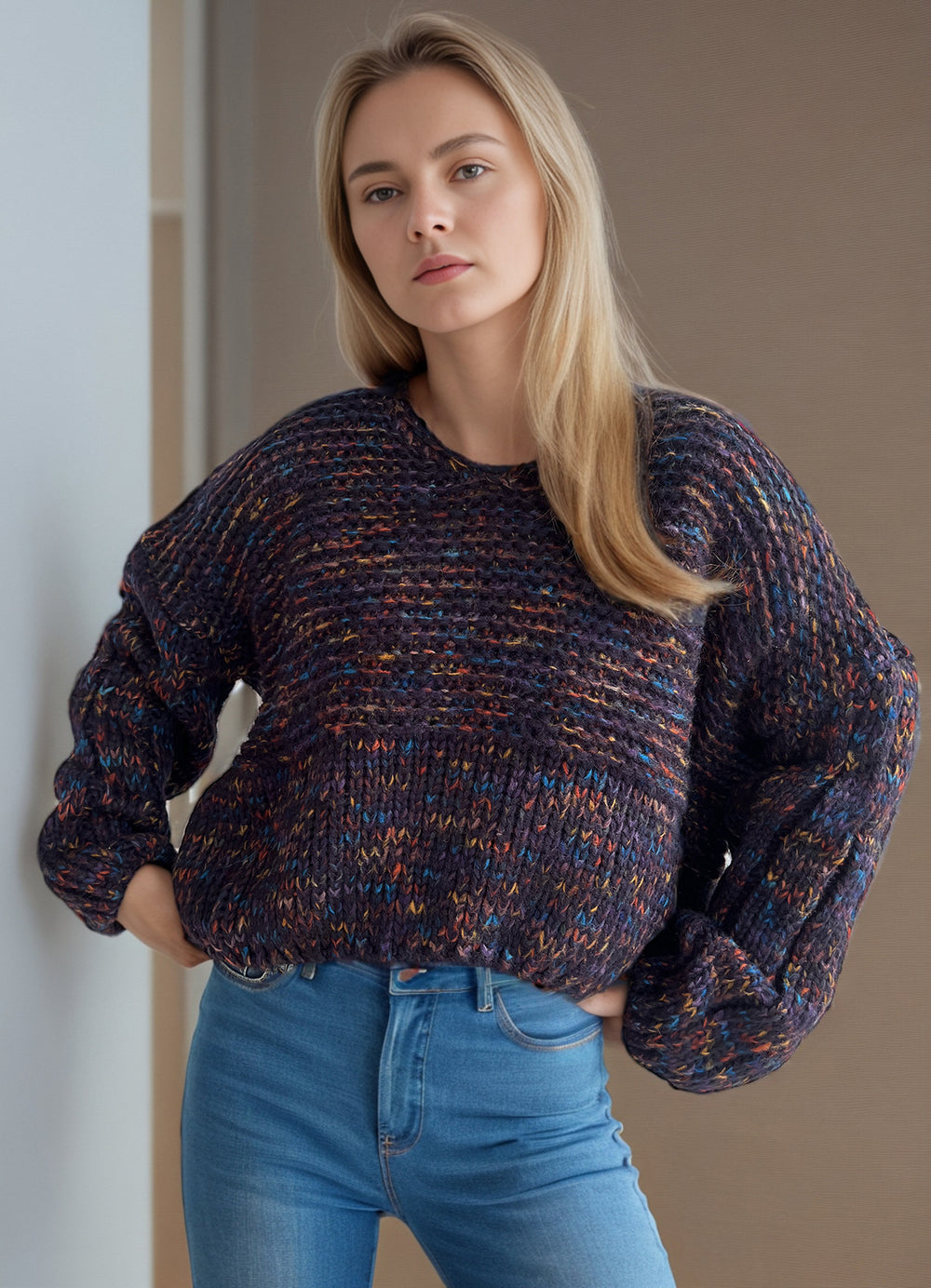 Damen grob gestrickter Pullover mit voluminösen Ärmeln Heidi-Mode