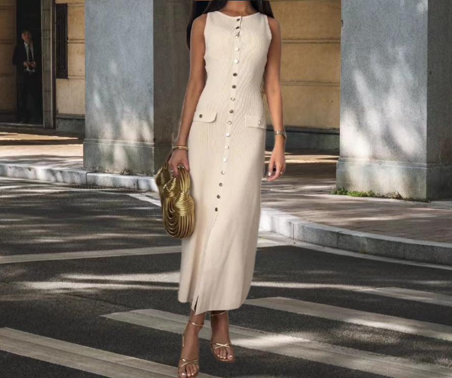 Damen Strickmaxikleid mit Knopfleiste und seitlichen Schlitzen Heidi-Mode