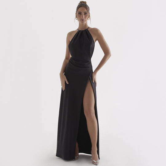Damen Abendkleid mit hohem Schlitz und eleganter Halter-Nackenpartie Heidi-Mode