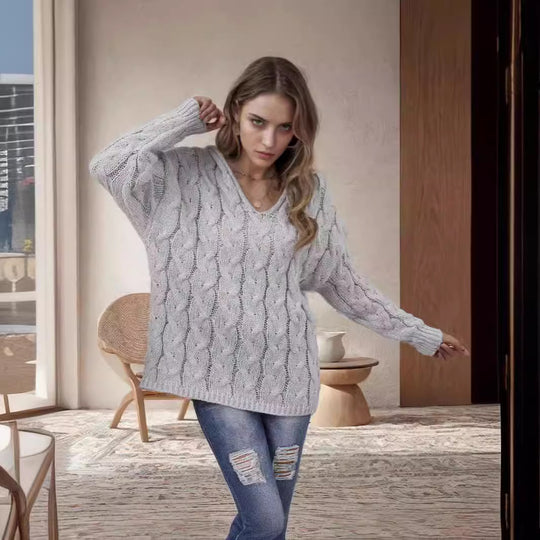 Damen Grobstrickpullover mit modernem Zopfdesign und weitem Schnitt Heidi-Mode