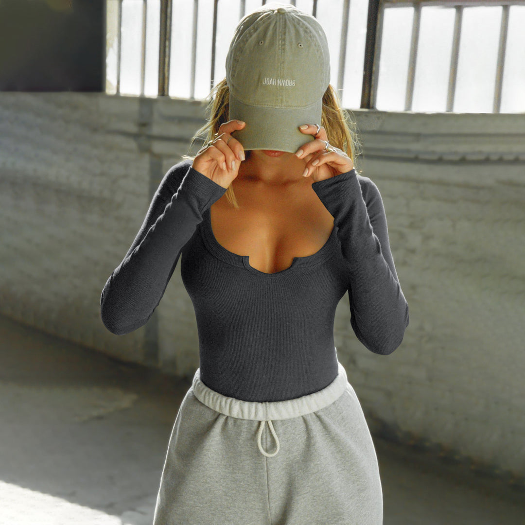 Damen Langarm Body mit tiefem Ausschnitt und Rippstruktur Heidi-Mode
