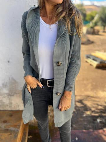 Damen Lange Strickjacke mit hochwertiger Rippstruktur und eleganten Knöpfen Heidi-Mode