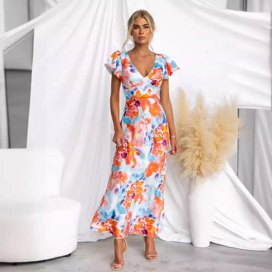 Heidi-Mode | Frühling Sommer Blumen Frisch Süß V-Ausschnitt Lotus Blatt Ärmel Mittel-Lang Kleid