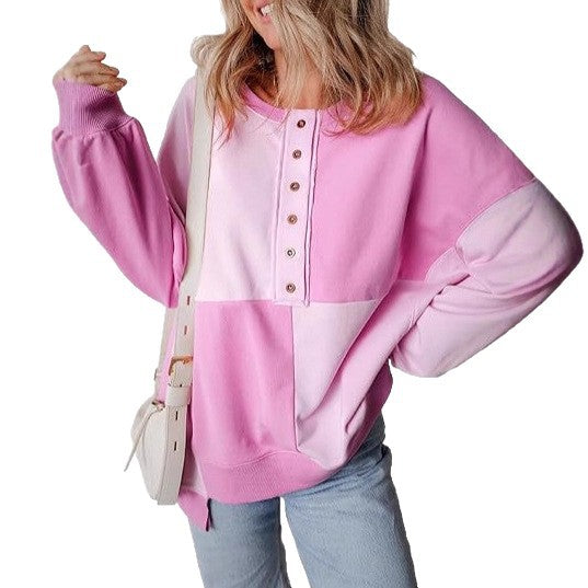 Damen lässiger Kapuzenpullover mit Knopfdetails und Farbblockdesign Heidi-Mode