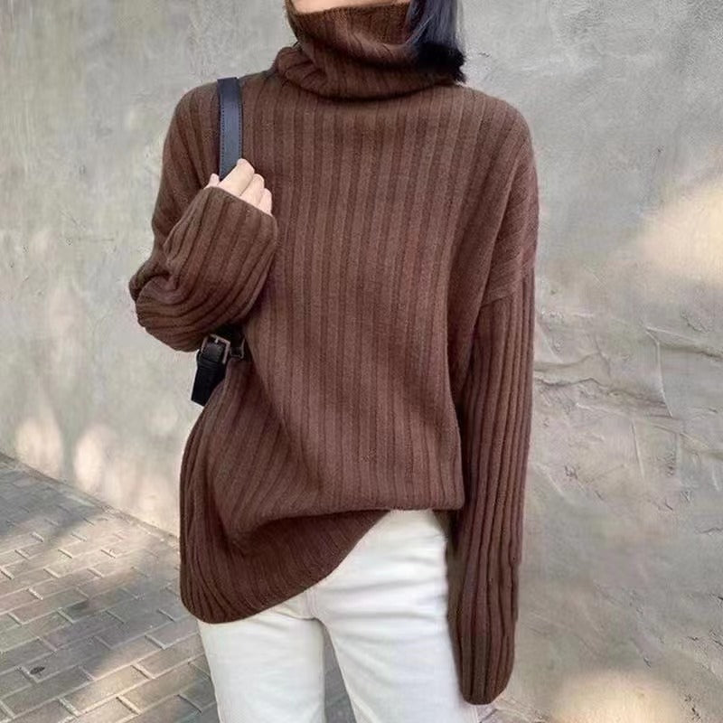Damen Hochgeschlossenes Strickoberteil mit asymmetrischem Schnitt und feiner Rippstruktur Heidi-Mode