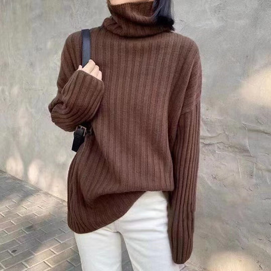Damen Hochgeschlossenes Strickoberteil mit asymmetrischem Schnitt und feiner Rippstruktur Heidi-Mode